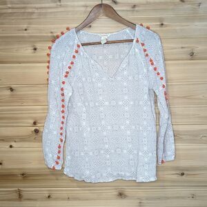 Sundance Top Womens Medium Cream Orange Pompom Printed Cotton‎ Boho